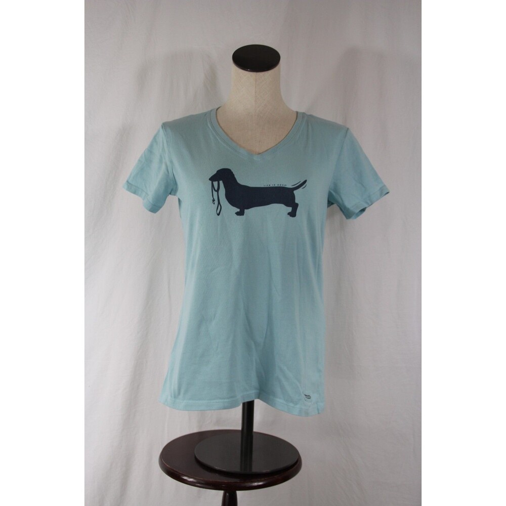 Life is Good Women's Cotton Crusher T-Shirt Daschund V-Neck Blue Size Small